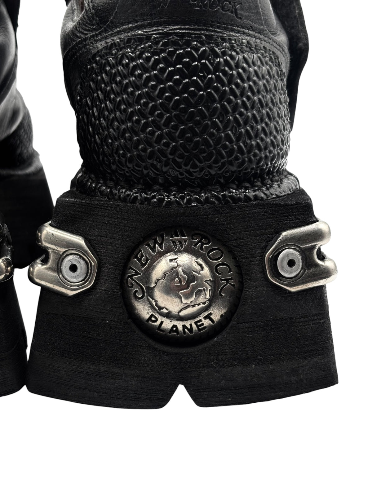 Vintage New Rock platform boots: textured toe and New Rock Planet circular rear badge