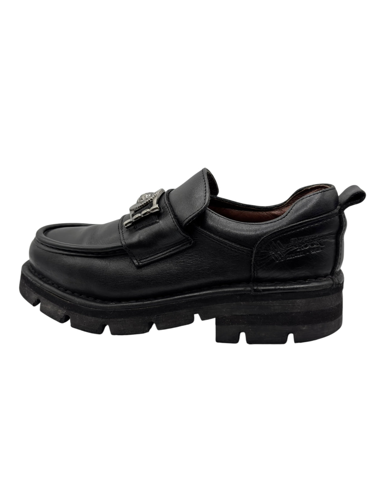 Vintage New Rock leather loafer, black leather upper with side strap and buckle