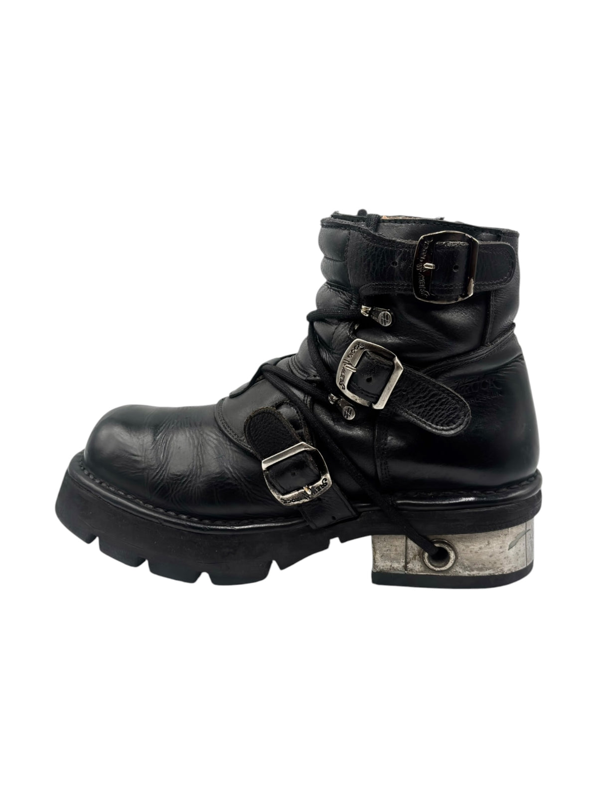 Black raised heel ankle boot with double buckle straps and side padding