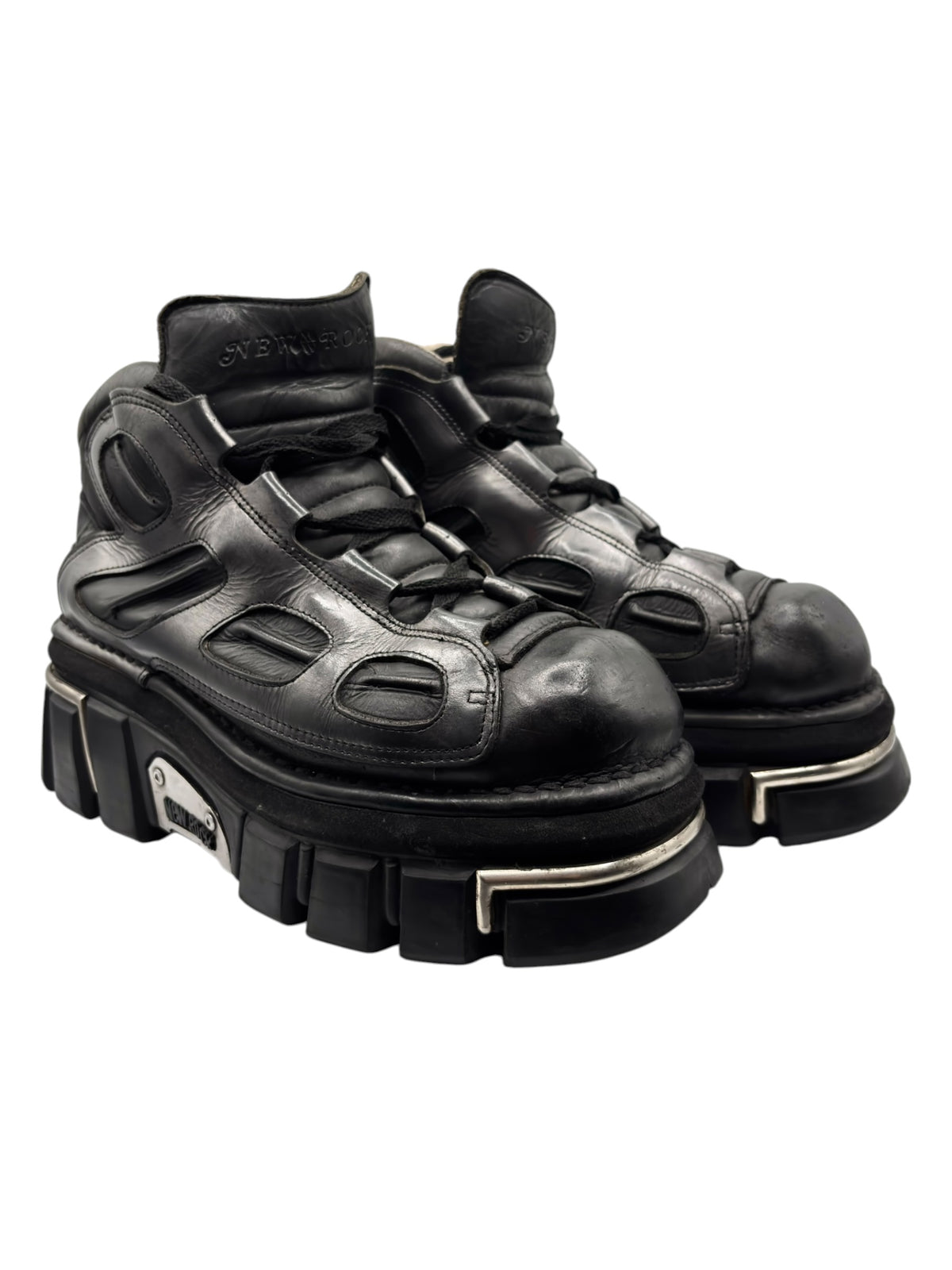 New Rock platform lace-up boots, black leather, side view with chunky stacked heel