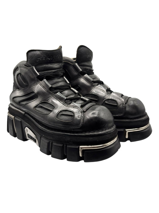 New Rock platform lace-up boots, black leather, side view with chunky stacked heel