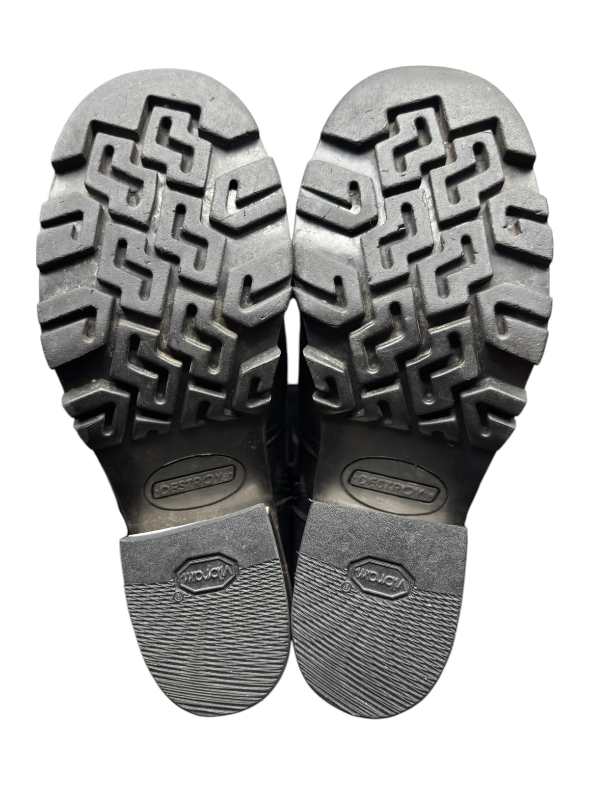 Pair of knee-high boot outsoles with chunky maze tread and 'DESTROY' branding