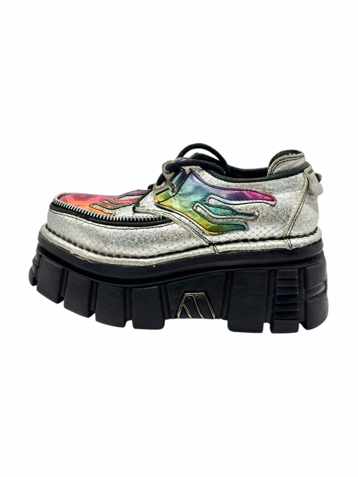 White platform ankle boots with rainbow flame embroidery and lace-up detail