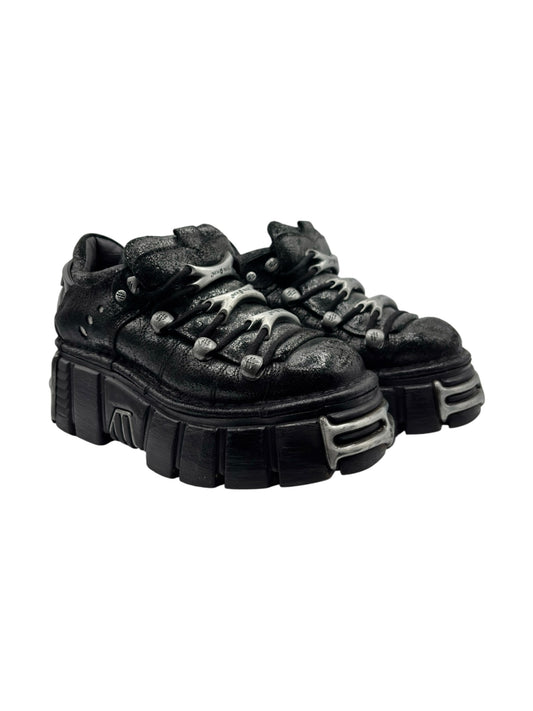 Black patterned platform lace-up boots with chunky stacked heel