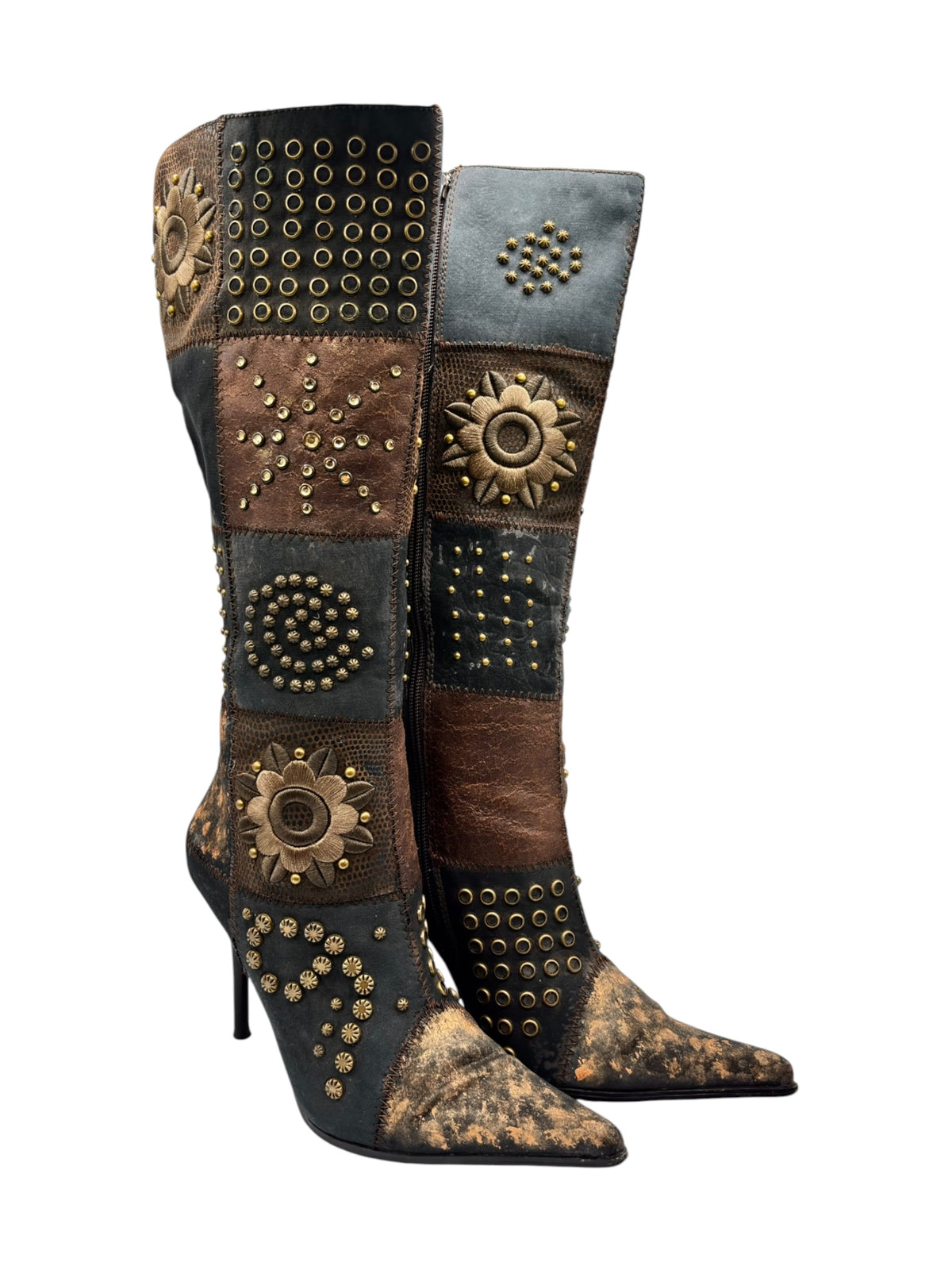 Vintage knee-high boots with pointed toe, brown-and-blue patchwork and gold floral studs