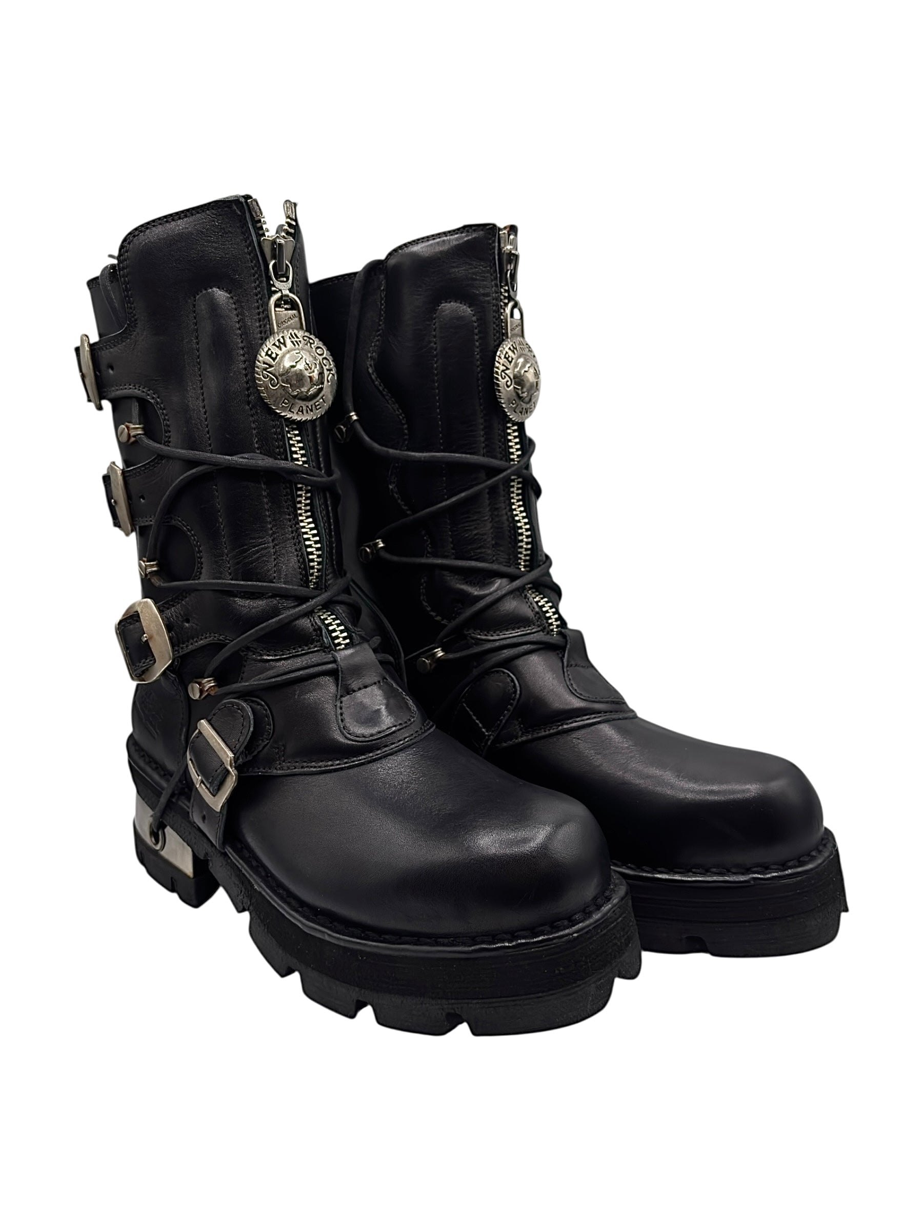 Vintage New Rock buckled raised-heel mid-calf leather boots size 41
