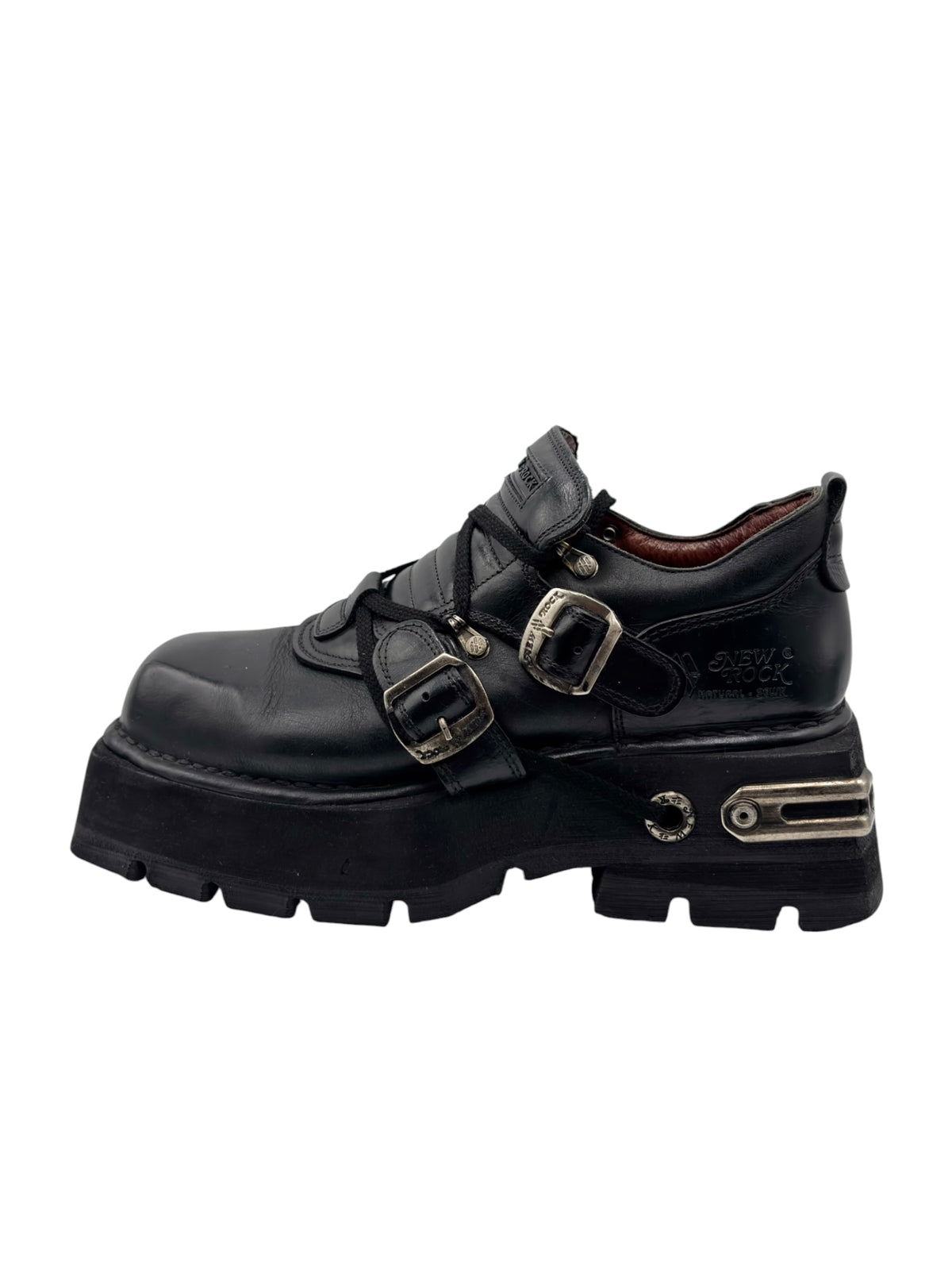 Vintage New Rock Pluto platform boots in black with side buckles and metal hardware
