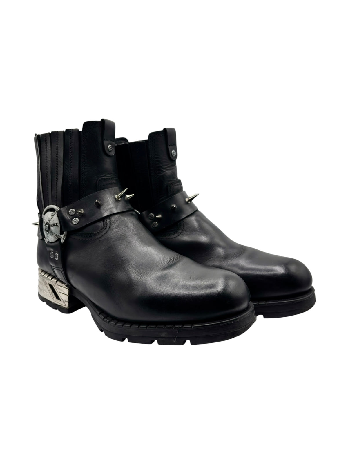 New Rock spiked steel heel biker boots, black ankle boots with buckle strap and studs