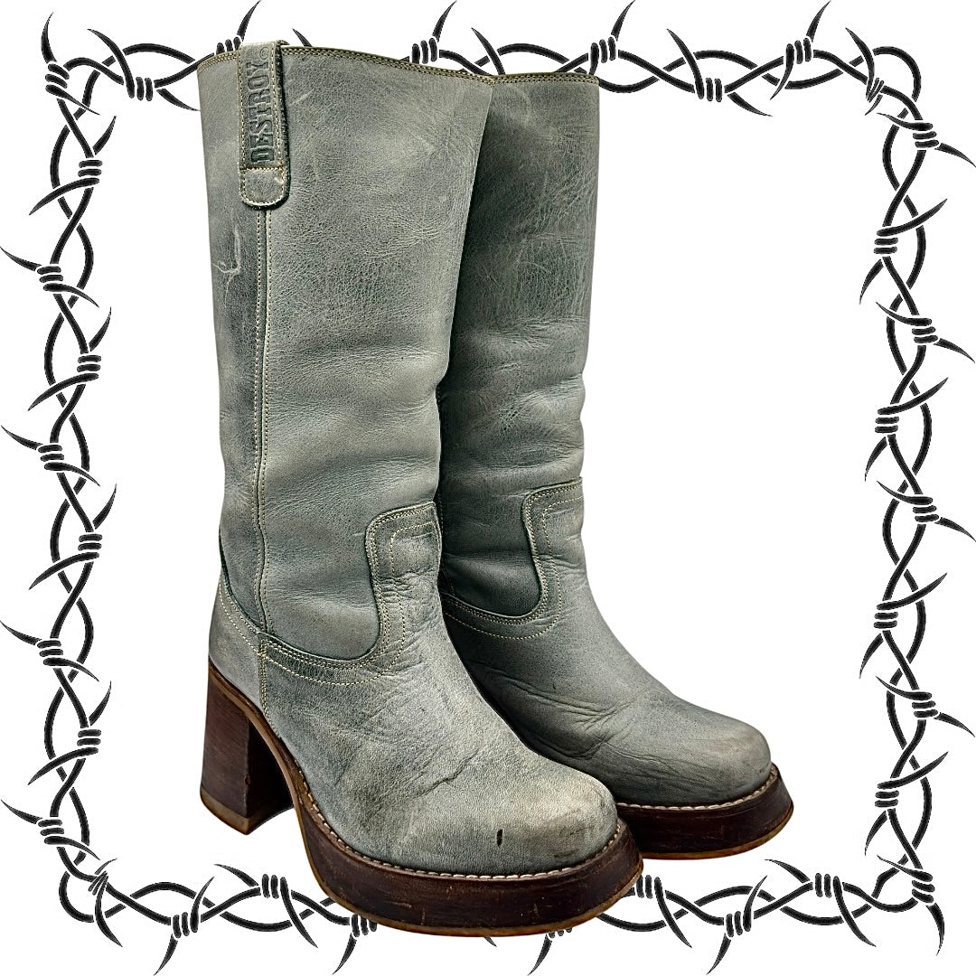 Vintage Destroy green block platform leather boots
