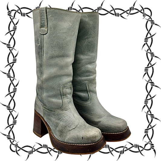 Vintage Destroy green block platform leather boots