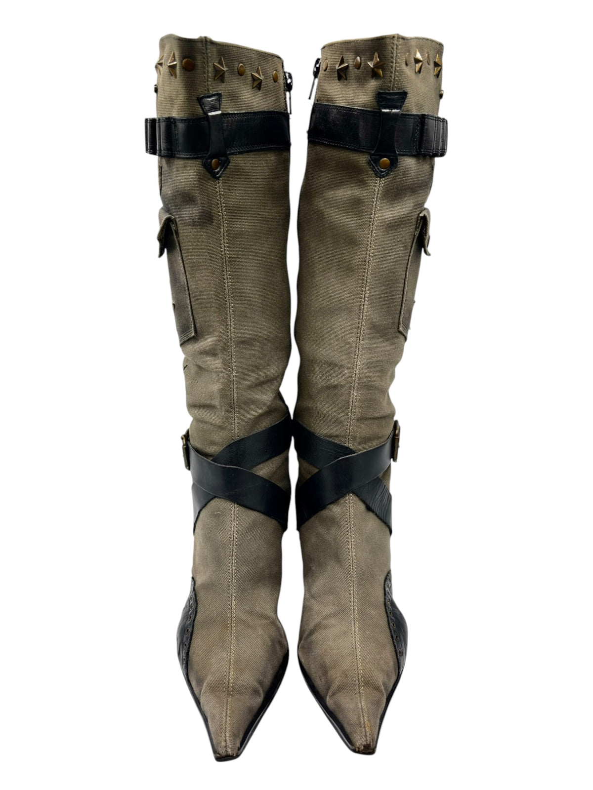 Olive knee-high boots with black cuff straps and decorative side buckles
