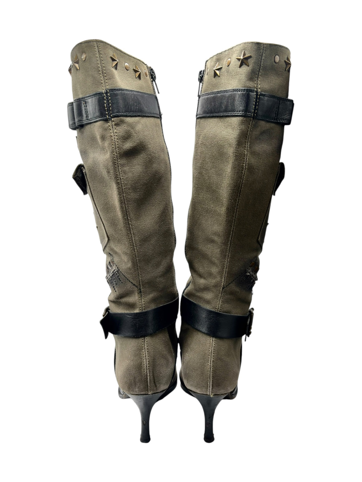 Olive knee-high army boots with black straps, eyelets, and side studs