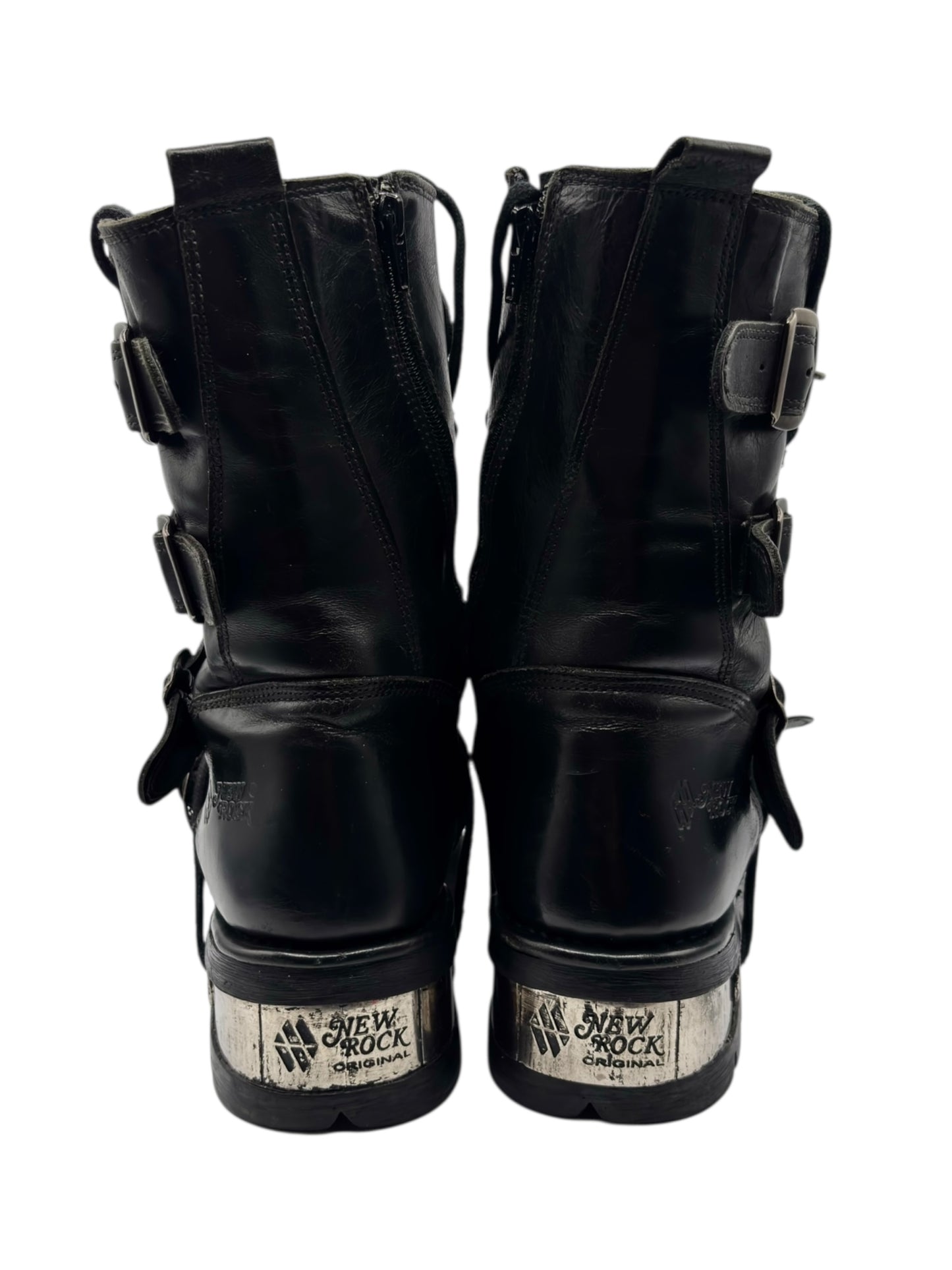 Vintage New Rock buckled raised-heel mid-calf leather boots size 40