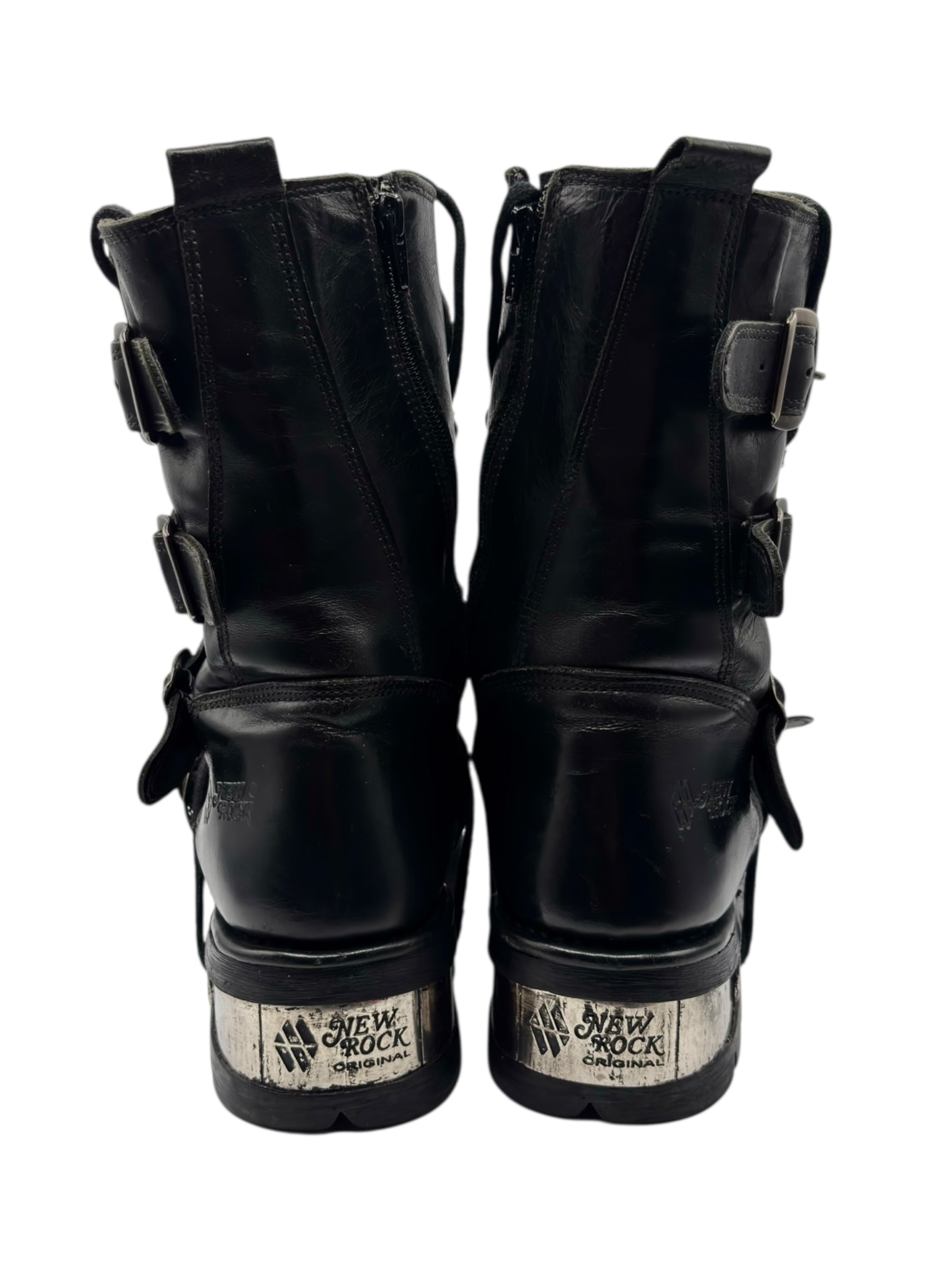 Vintage New Rock buckled raised-heel mid-calf leather boots size 40