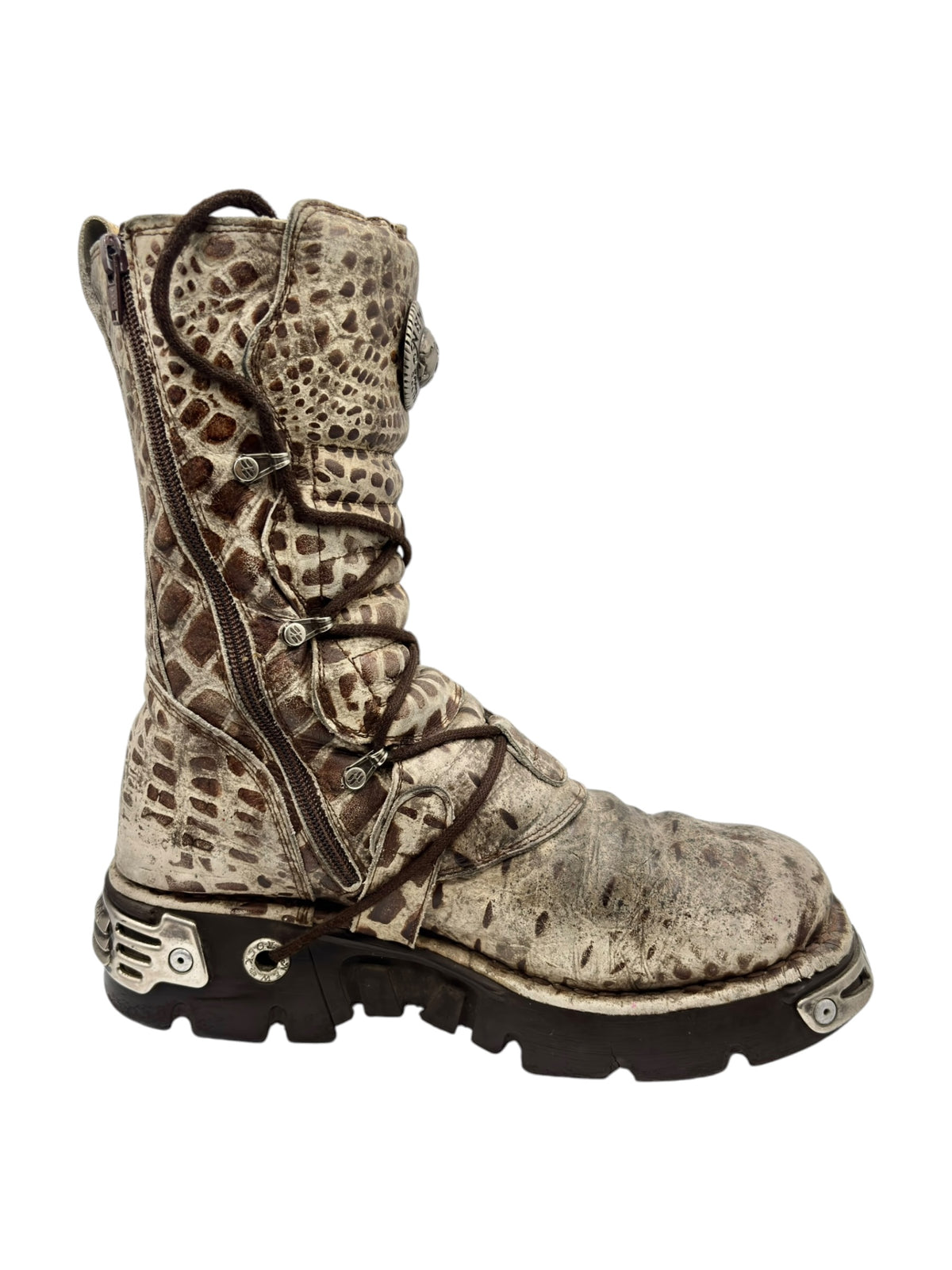 Mid-calf desert-camo leather boots with lace ties, metal buckles, and thick tread sole