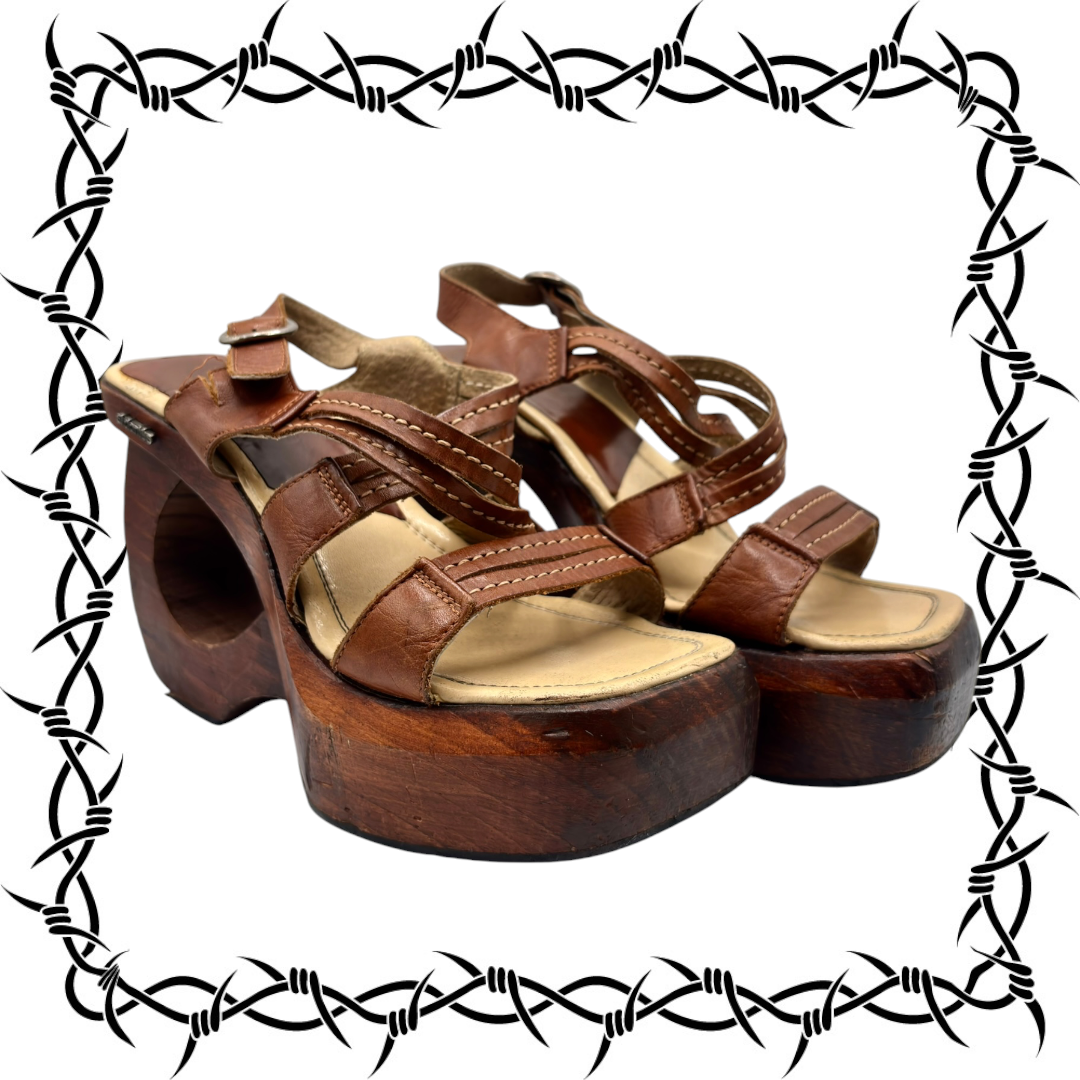 Brown leather platform block heel sandals with ankle strap and buckle