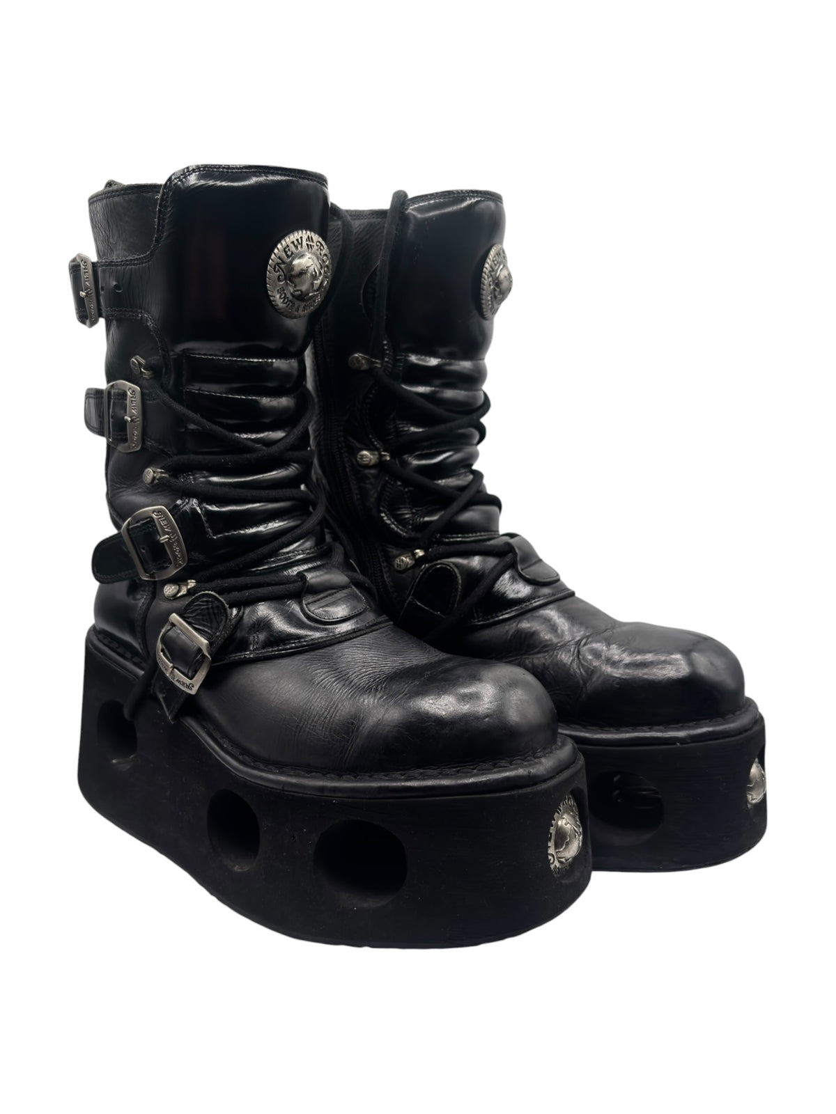 New Rock mid-calf platform boots, black leather, lace-up with buckled straps