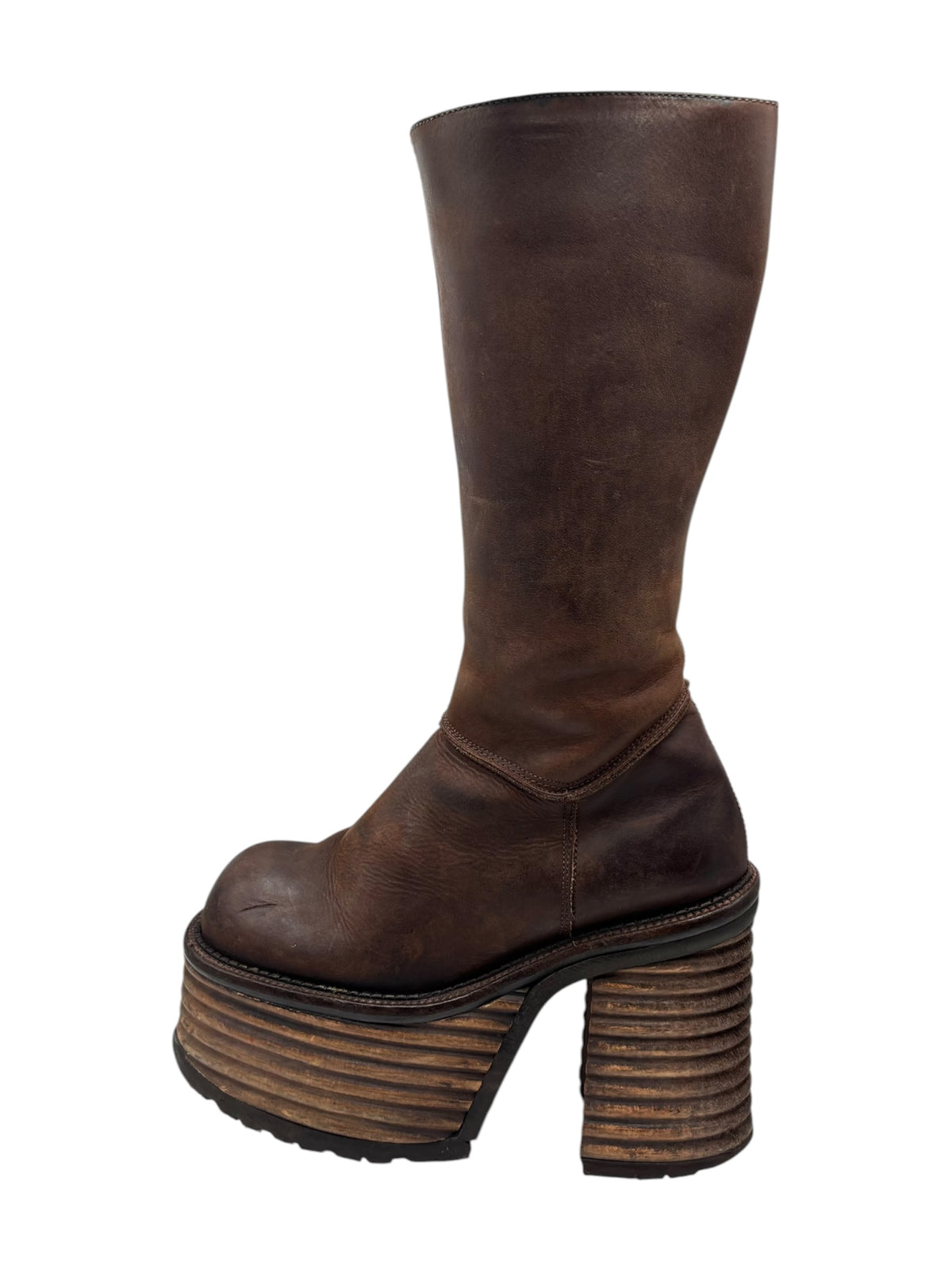 Dark brown knee-high platform boots with stacked heel and side zipper