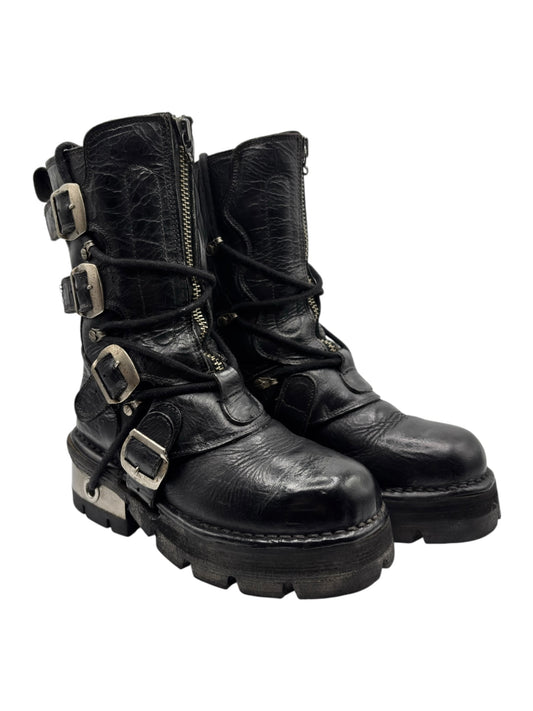 New Rock mid-calf leather boots, black, buckles, straps, and front zip