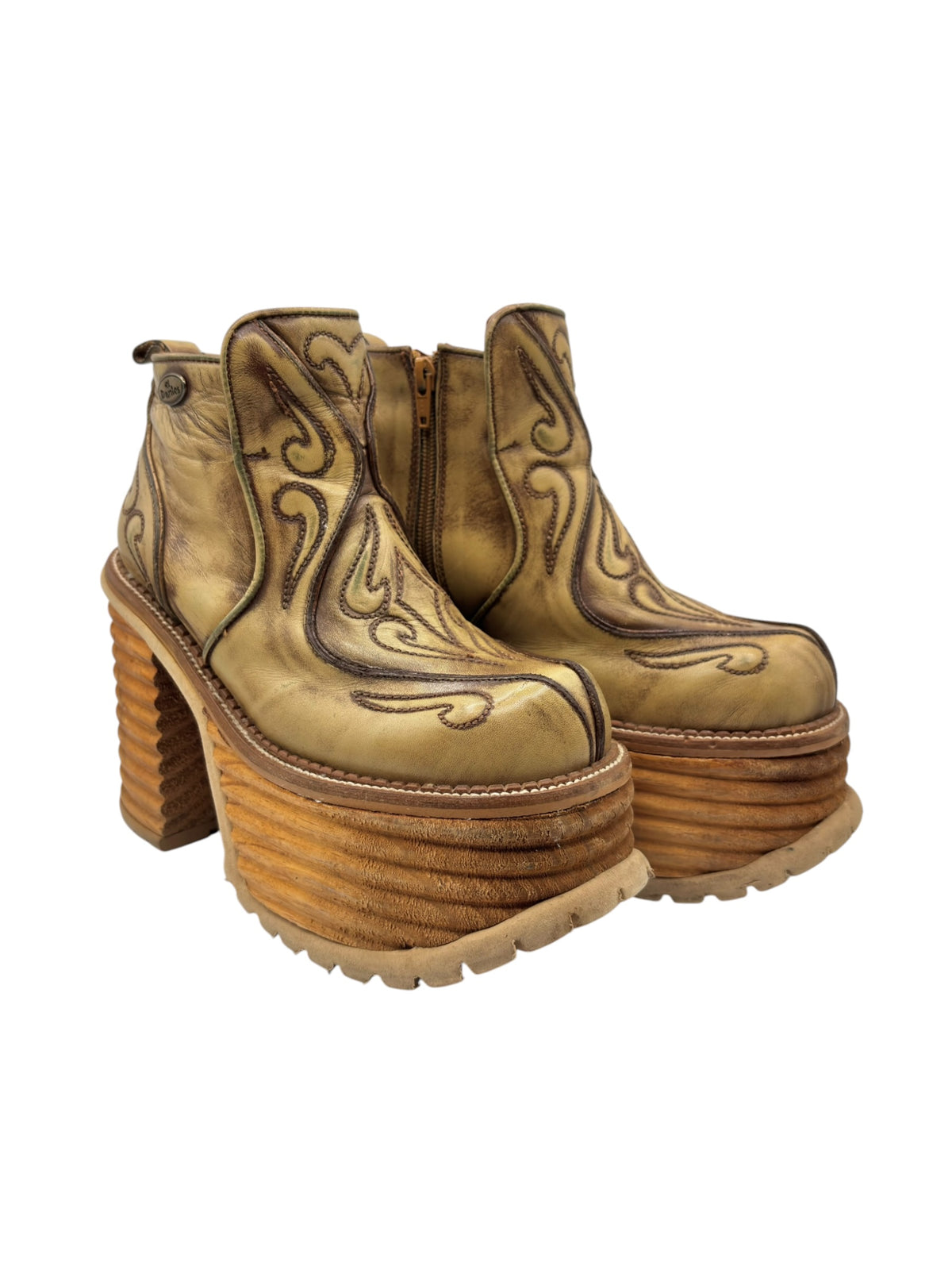 Khaki brown leather block platform boots with high stacked heel, side zip, stitched uppers