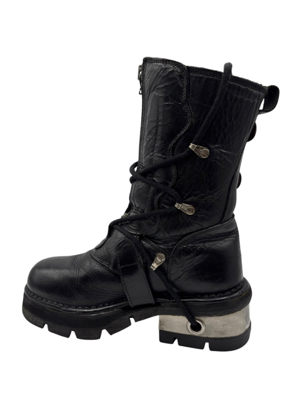 New Rock mid-calf leather boots with lace-up front and ankle buckle straps