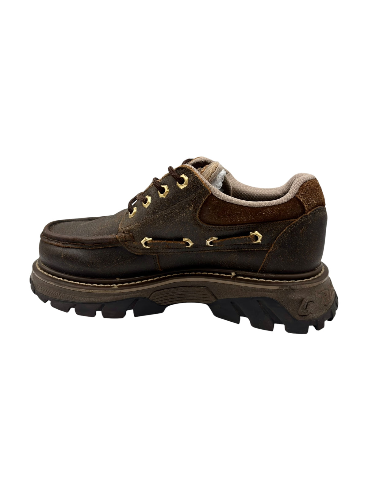 Brown leather platform lace-up boots with beige padded tongue and laces