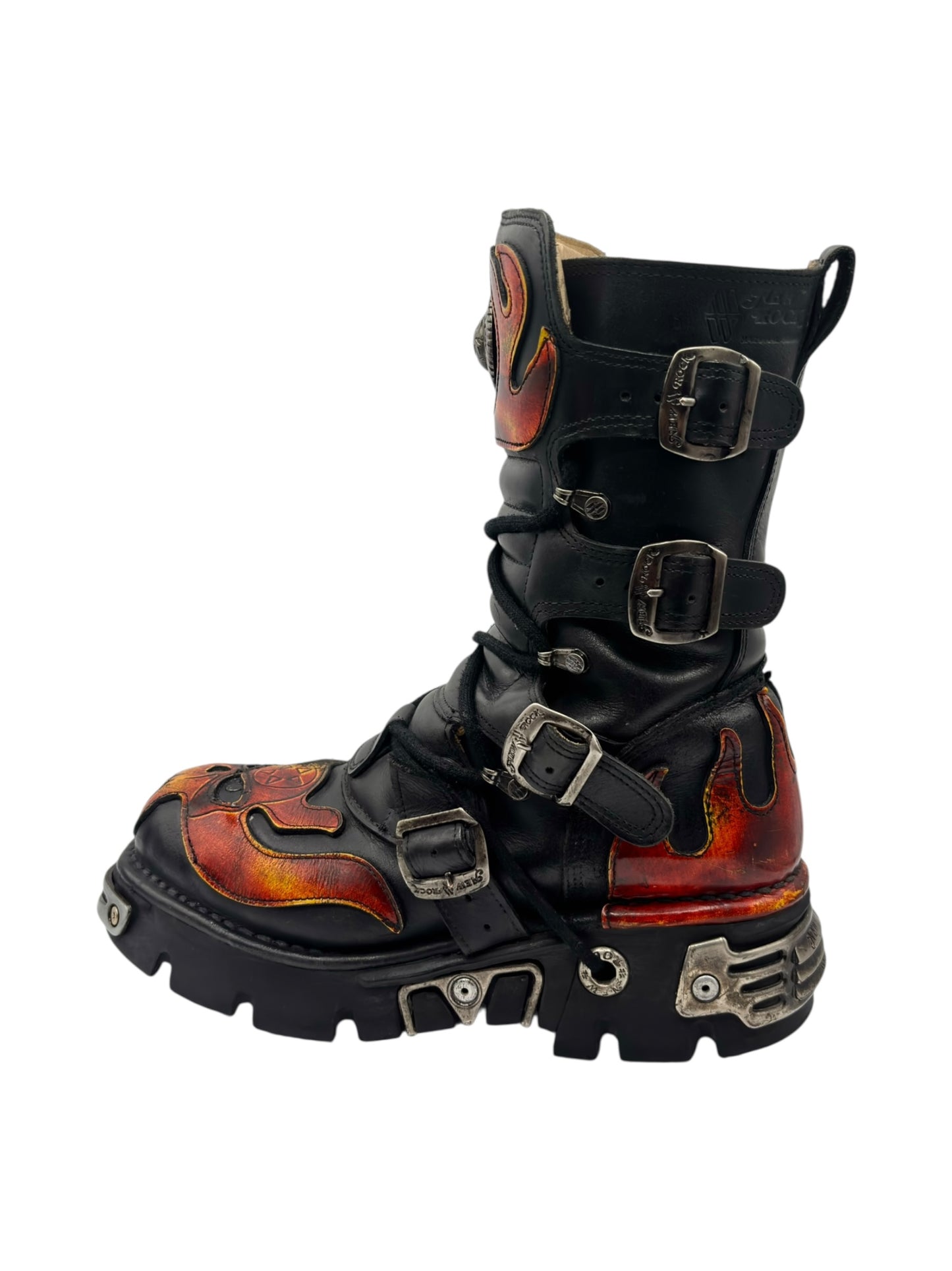 Vintage New Rock orange flame mid-calf reactor leather boots