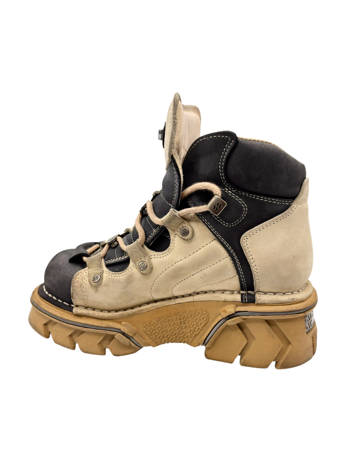Beige and black leather lace-up platform boots with side zip and strap detail