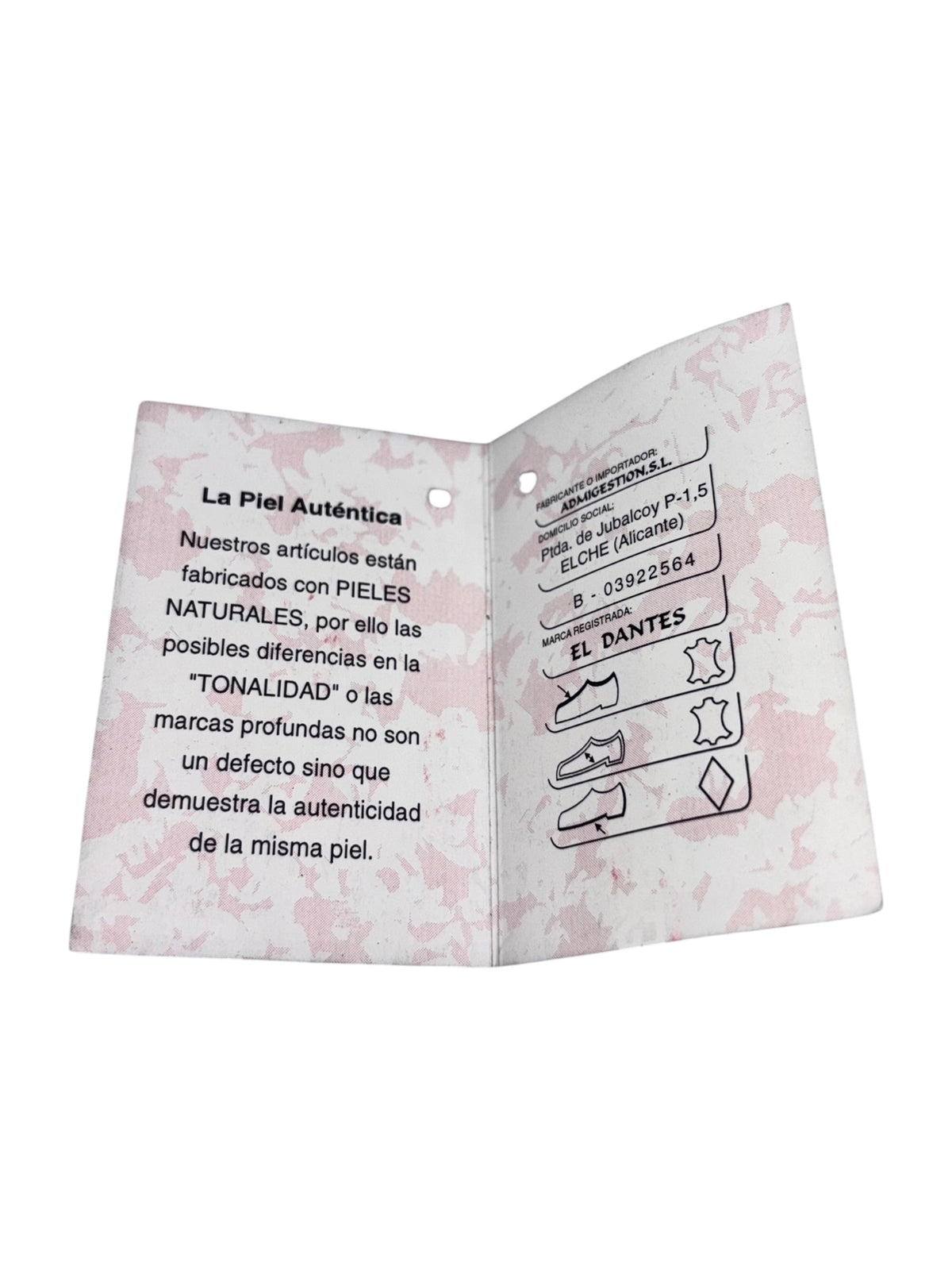 Leather authenticity booklet insert with printed origin and care text