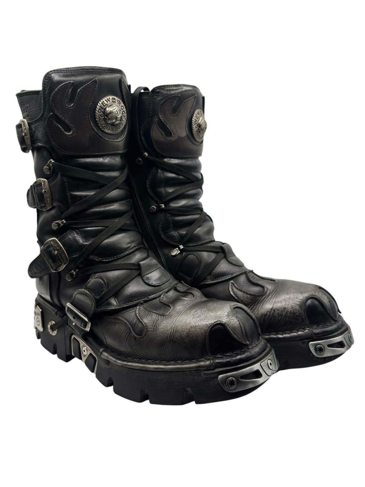 Vintage flame reactor boots, side view with straps, laced shaft, and rugged studded sole