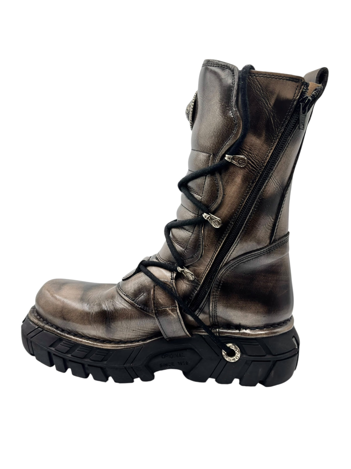 New Rock leather boots with front lace-up and side harness strap buckles