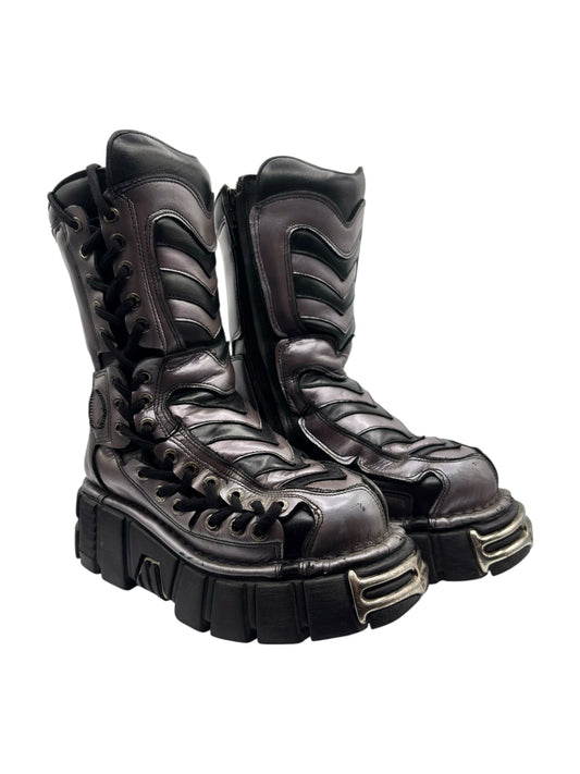 Vintage New Rock M.180 platform boots, dark leather look, lace-up ankle style.