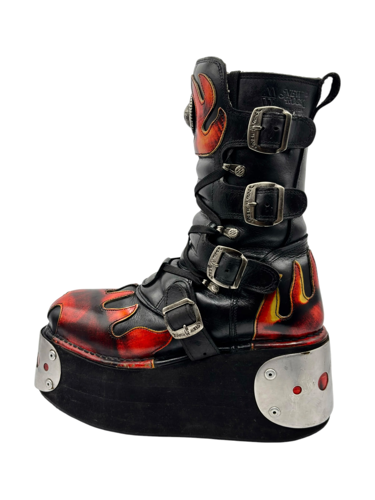 Black vintage platform boot with red-orange flame panels and multiple buckle straps.