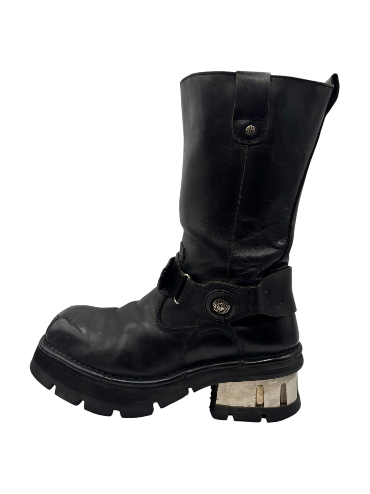 Black vintage mid-calf biker boots with side zipper, round buckle strap, chunky sole