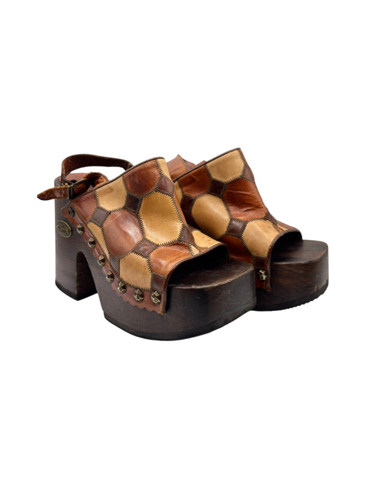 Brown patchwork leather platform sandals with block heel and open toe