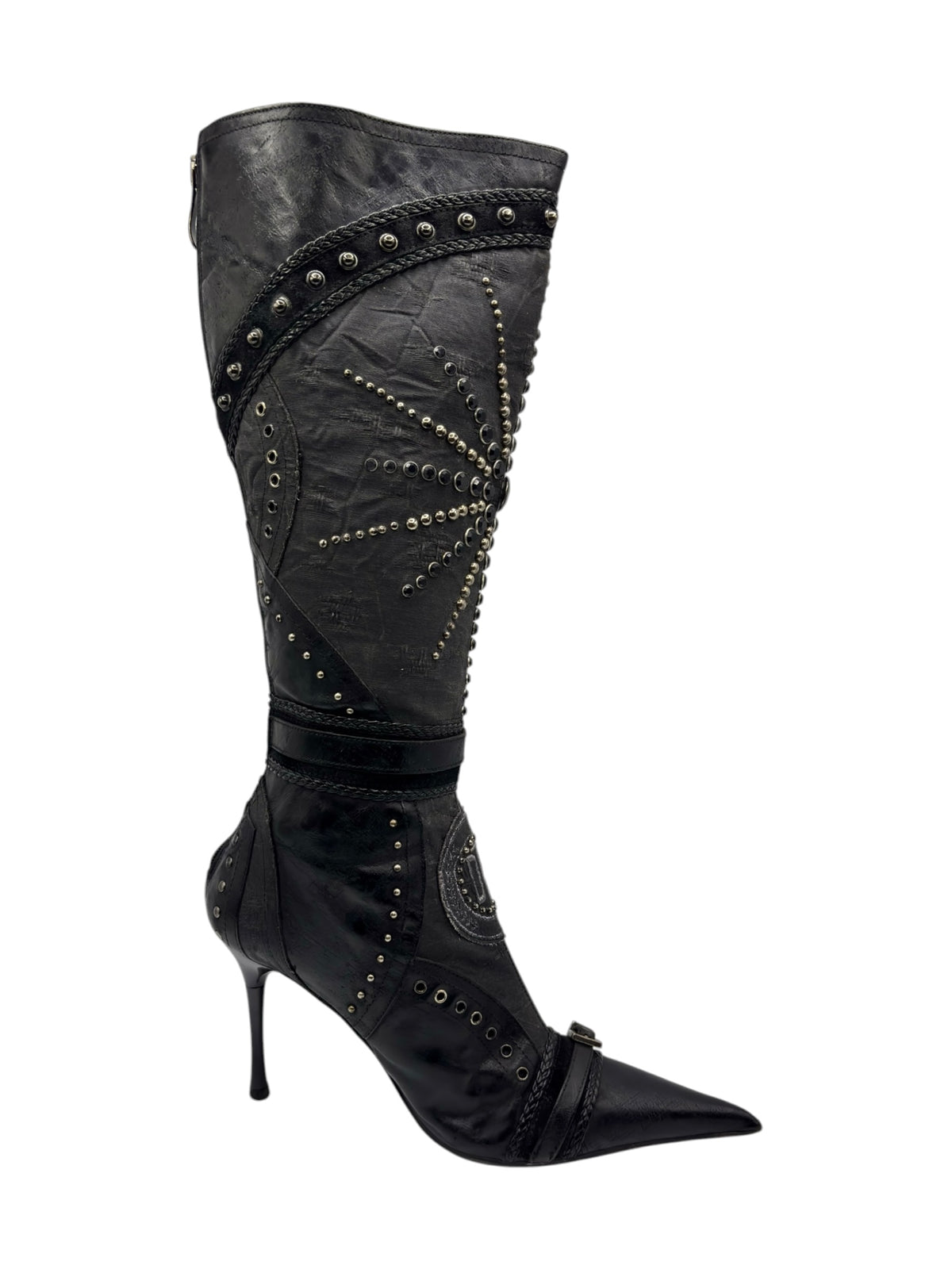 Black knee-high boots with decorative studs and angled panel stitching, slim stiletto heel