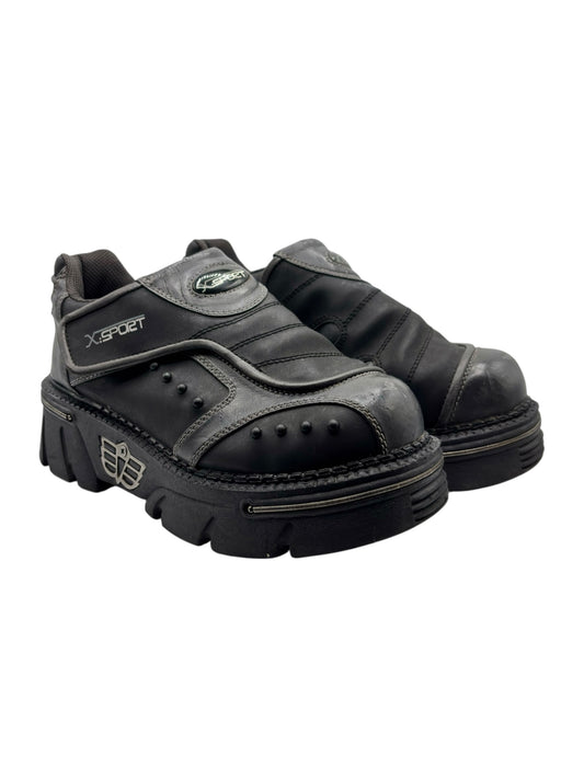 Vintage X-SPORT platform boots, dark leather-like uppers with side logo and straps