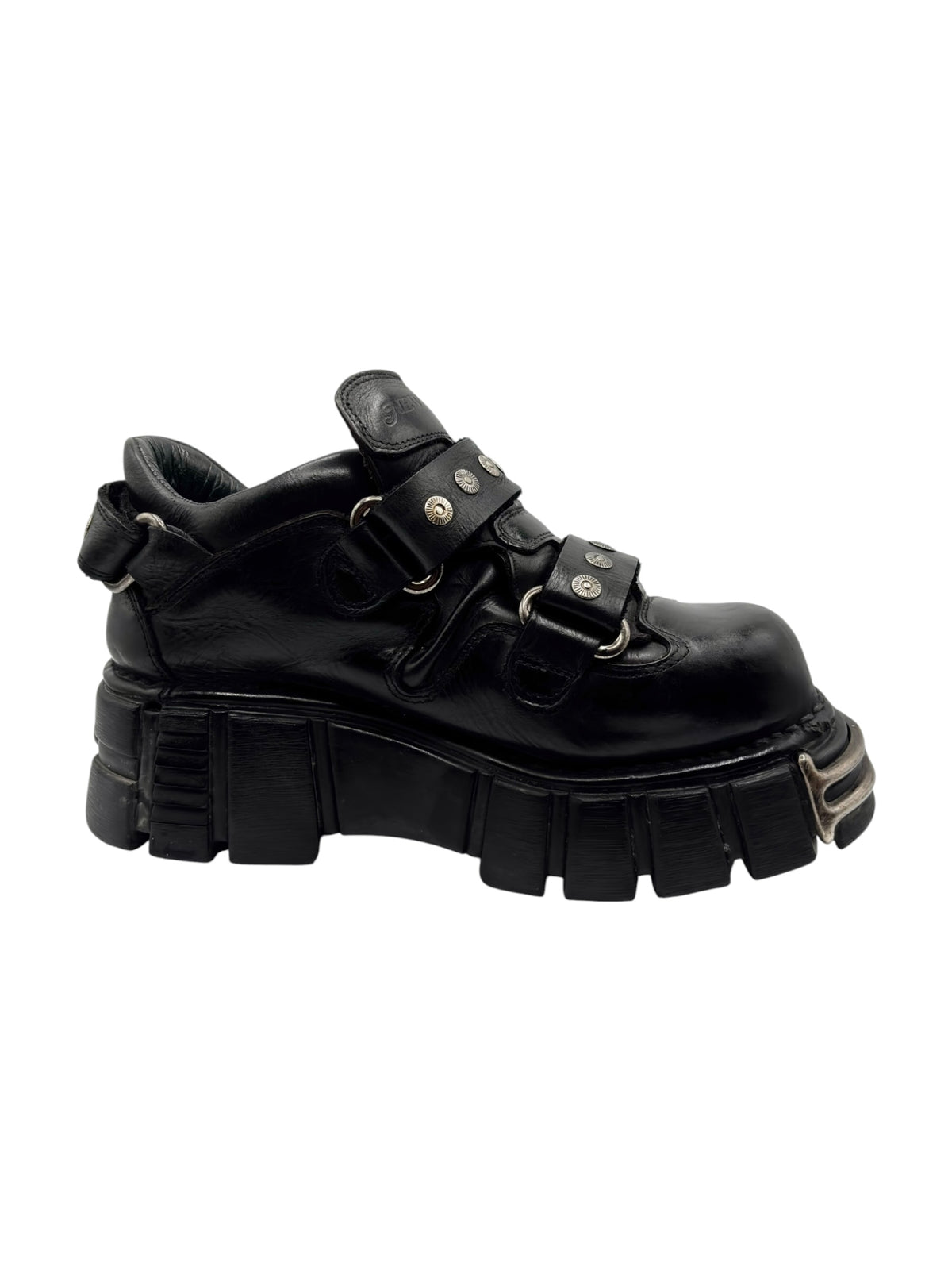 Vintage New Rock studded strap platform boots, black leather upper with strap hardware