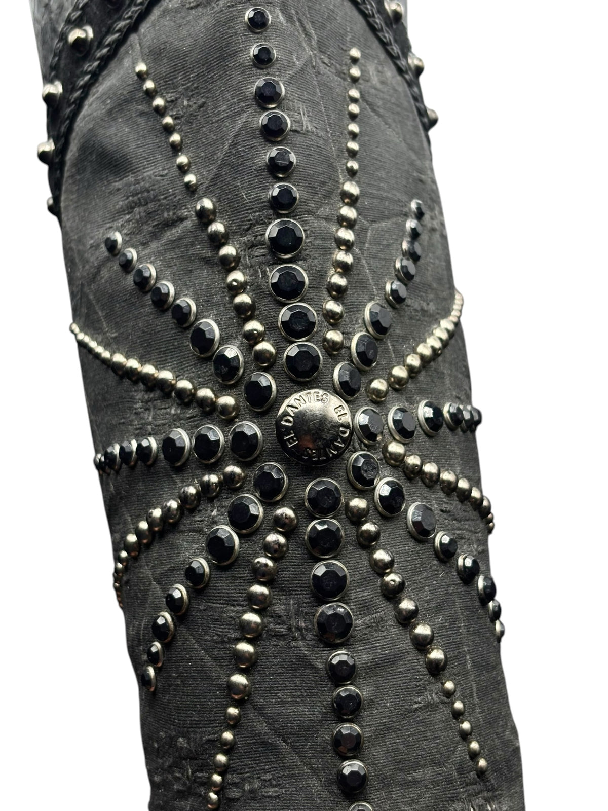 Knee-high vintage boots with studded beadwork and starburst pattern on the shaft