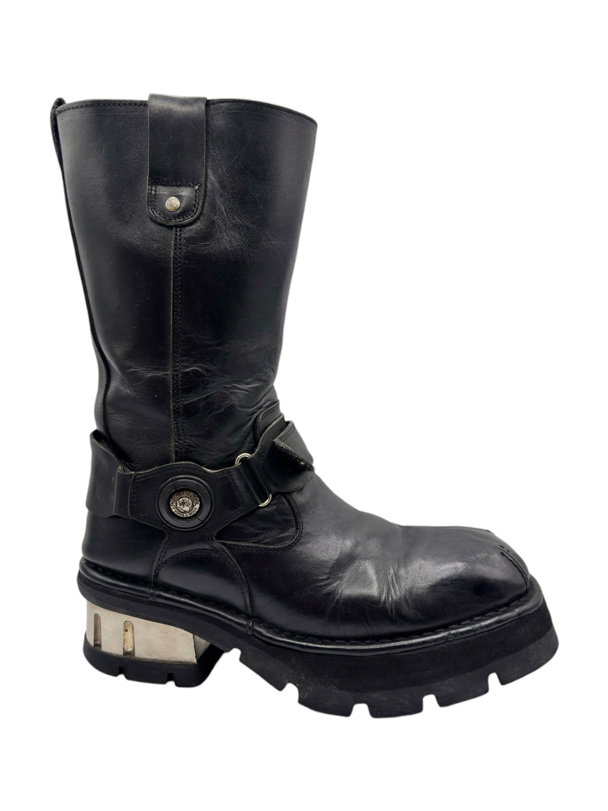 Black mid-calf biker boots with ankle buckle strap, side zipper, textured chunky sole