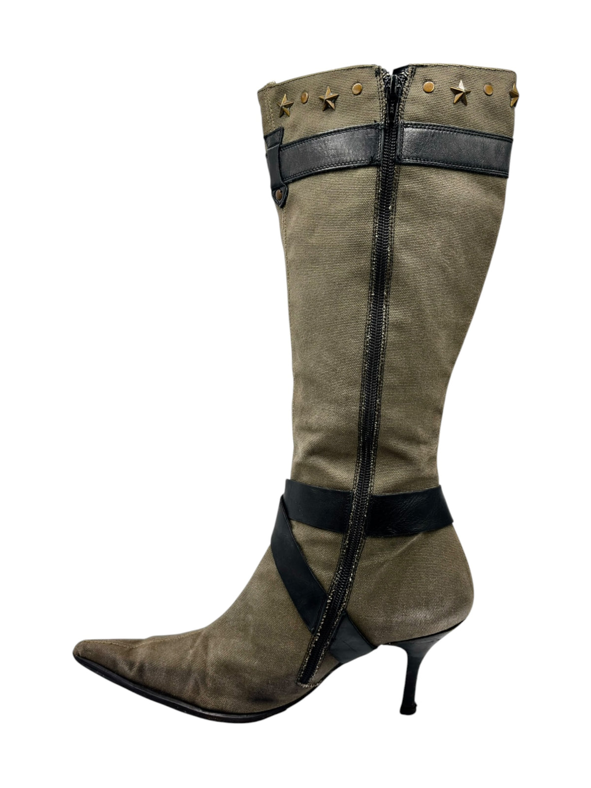 Knee-high olive boots with tall shaft, front zipper, and star-studded upper panels