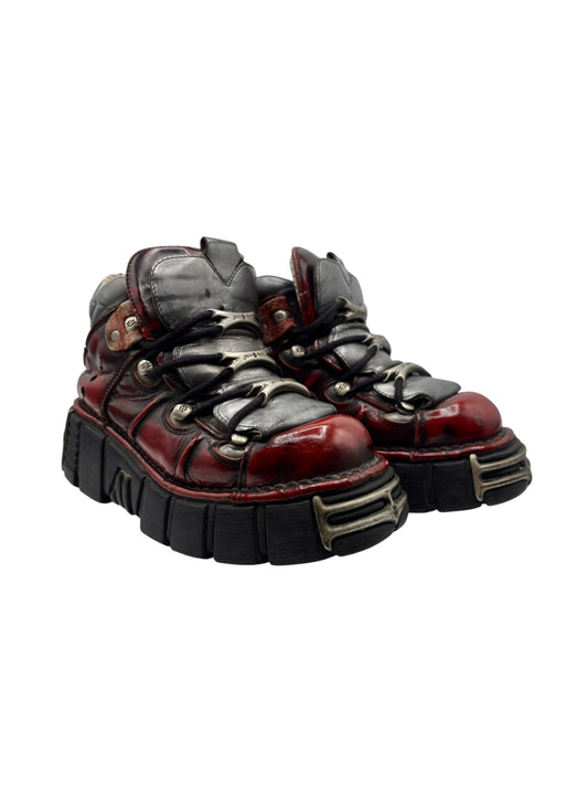 New Rock platform boots with red leather, black laces, and chunky black sole