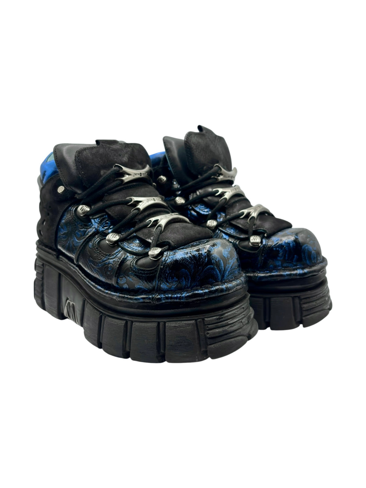 New Rock platform boots, side view with blue patterned vamp and chunky black sole