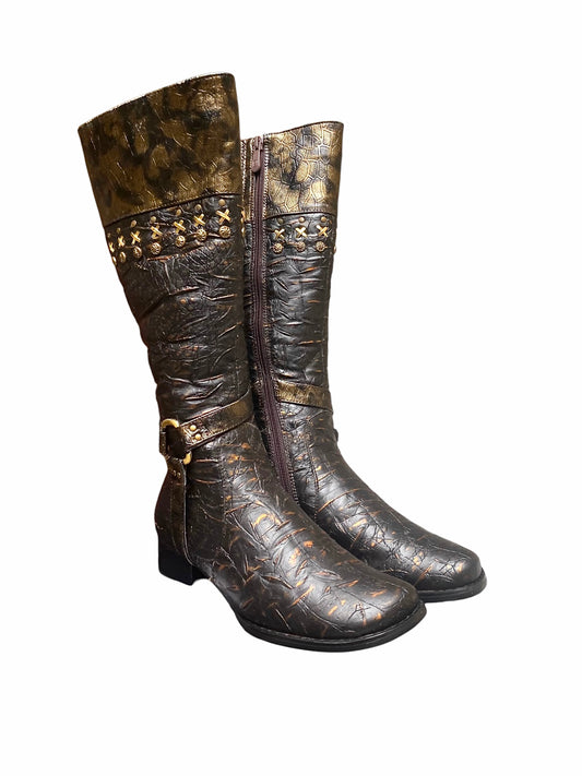 Knee-high vintage leather boots with gold pattern panels and studded trim