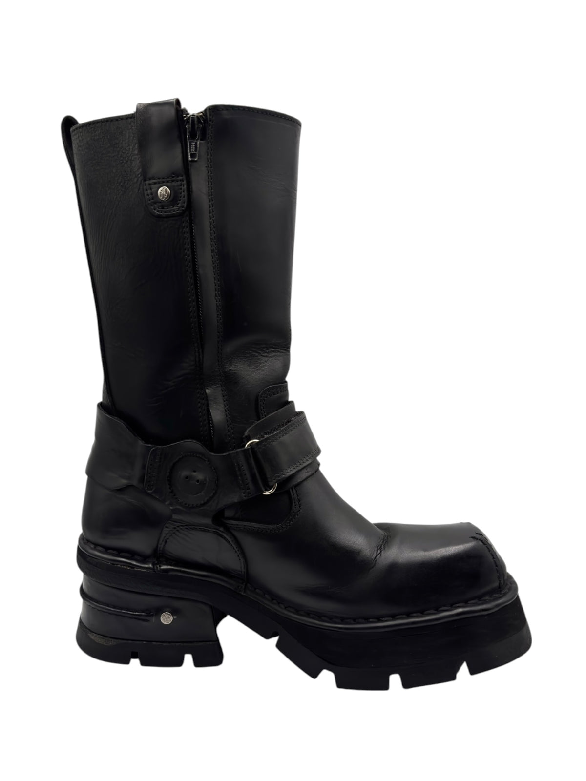 New Rock vintage black leather biker boots with buckle strap and rugged tread sole.