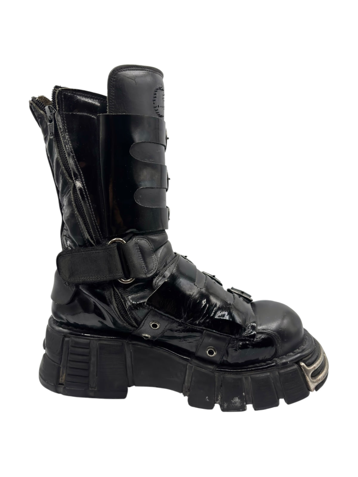 Vintage black leather boot with side buckles and thick treaded platform sole