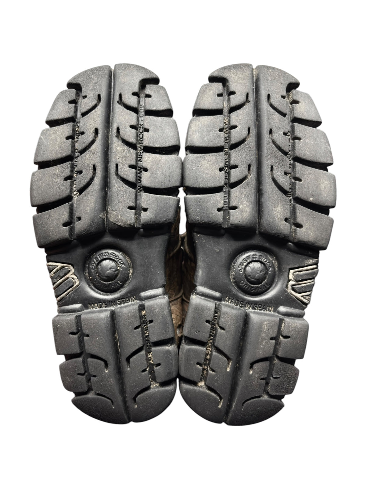 Pair of platform boot outsoles with tread and side emblem plates, dark gray