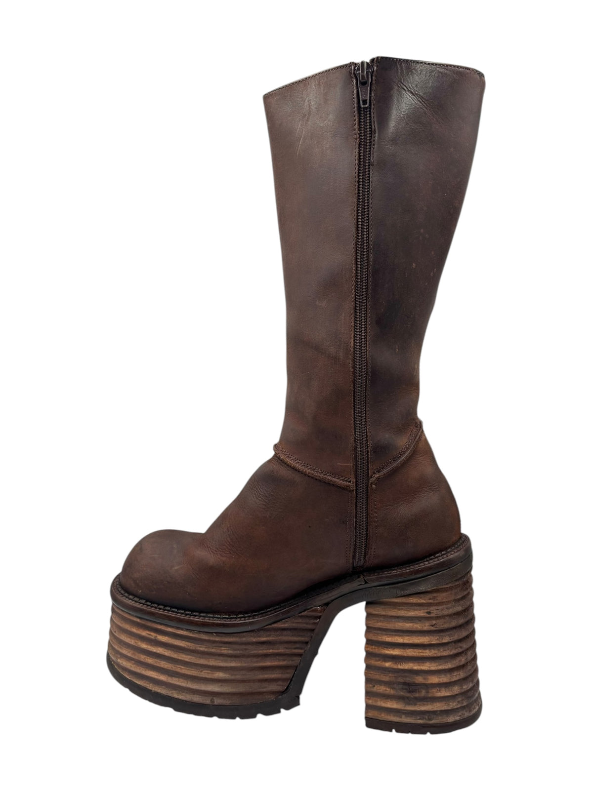 Dark brown knee-high boots with center side zipper and stacked platform heel
