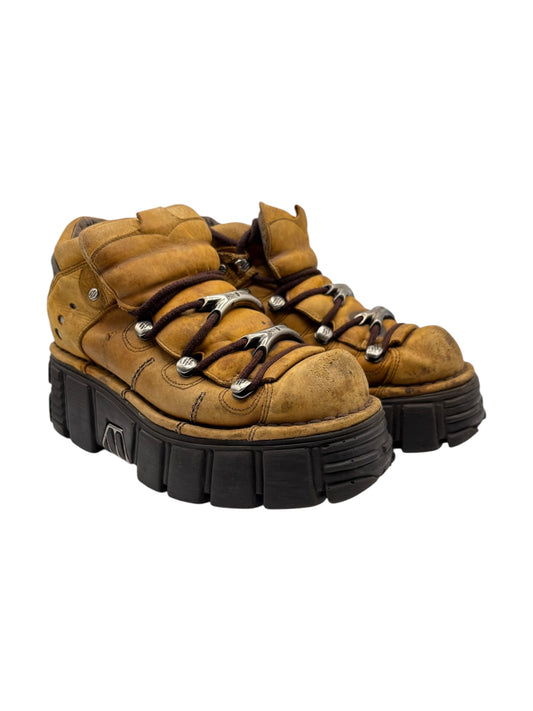 Mustard lace-up platform boots with black lug sole and silver metal eyelets