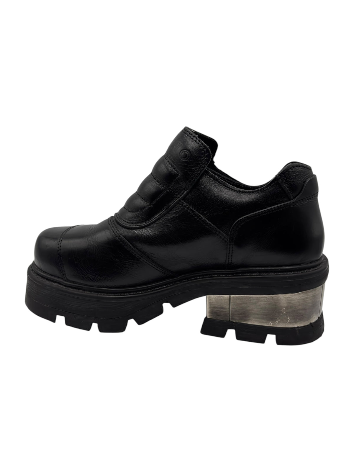 Black ankle platform boots with side panel stitching and metallic-look heel trim